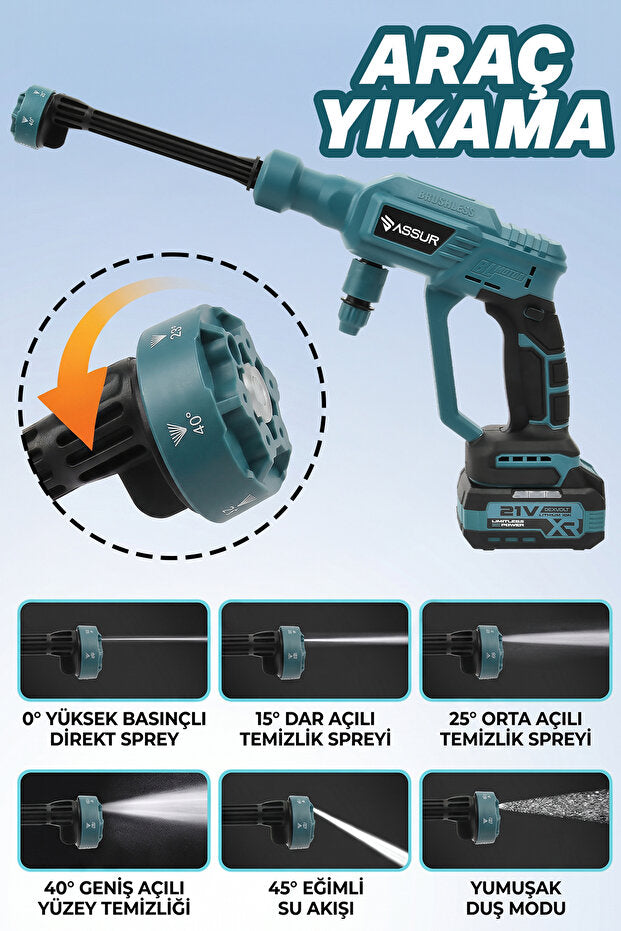 ASSUR 21V 2 Batarya Kömürsüz Motor Dijital Ekranlı Yüksek Basınçlı Akülü Şarjlı Oto Araba Yıkama Makinesi