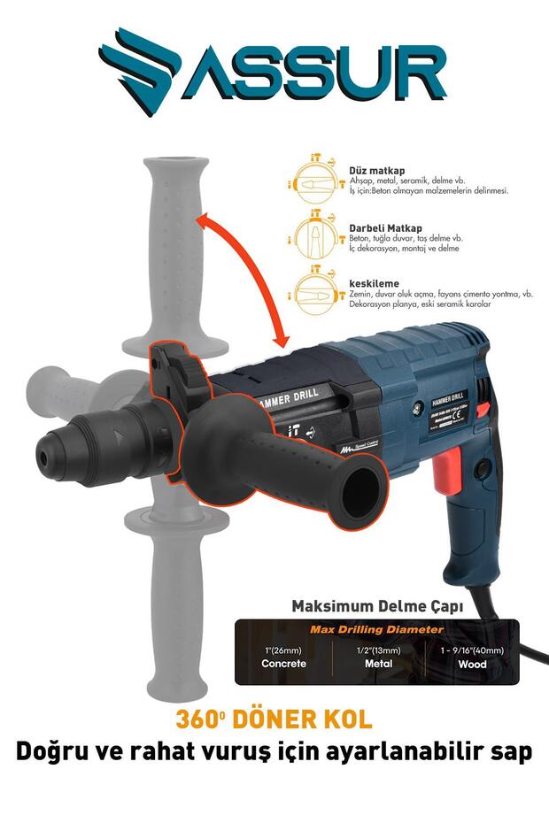 ASSUR 850W Metal Şanzımanlı Kırıcı Delici Darbeli Matkap Seti 2–28 mm